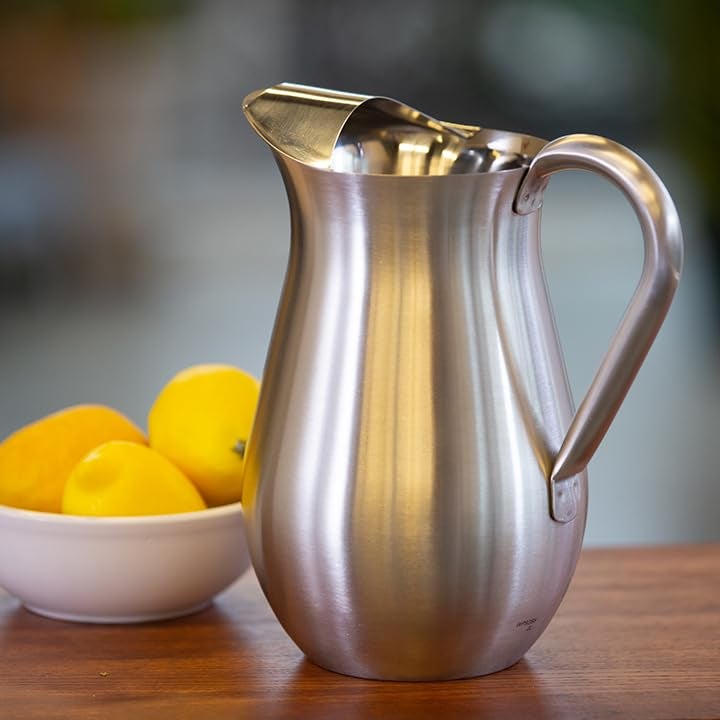Service Ideas WPB2BS Water and Cold Beverage Pitcher with Built-in Ice Guard, Bell Shaped, 2 Liter (66.6 ounces), Dishwasher Safe, Brushed Stainless Steel - Image 2